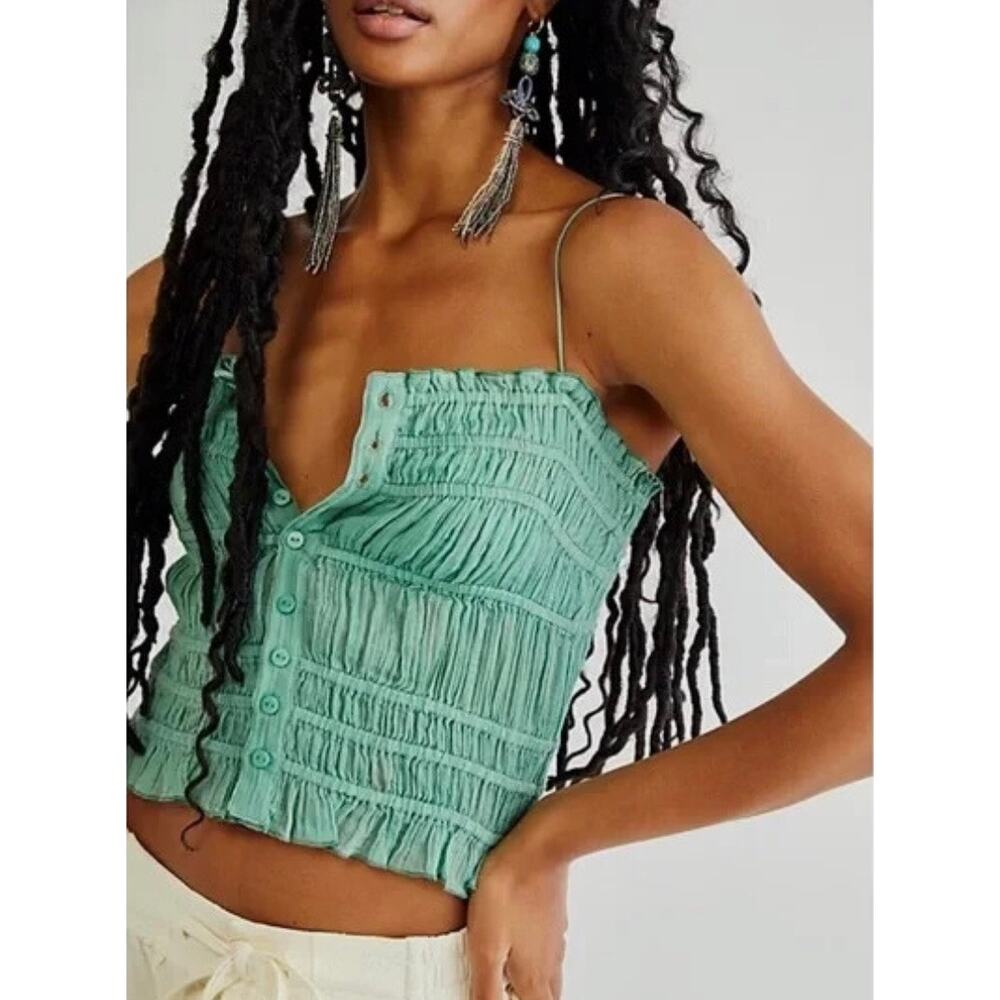 🔥Free People Meridian Corset Top Green Button Down Smocked Cropped Boho Small